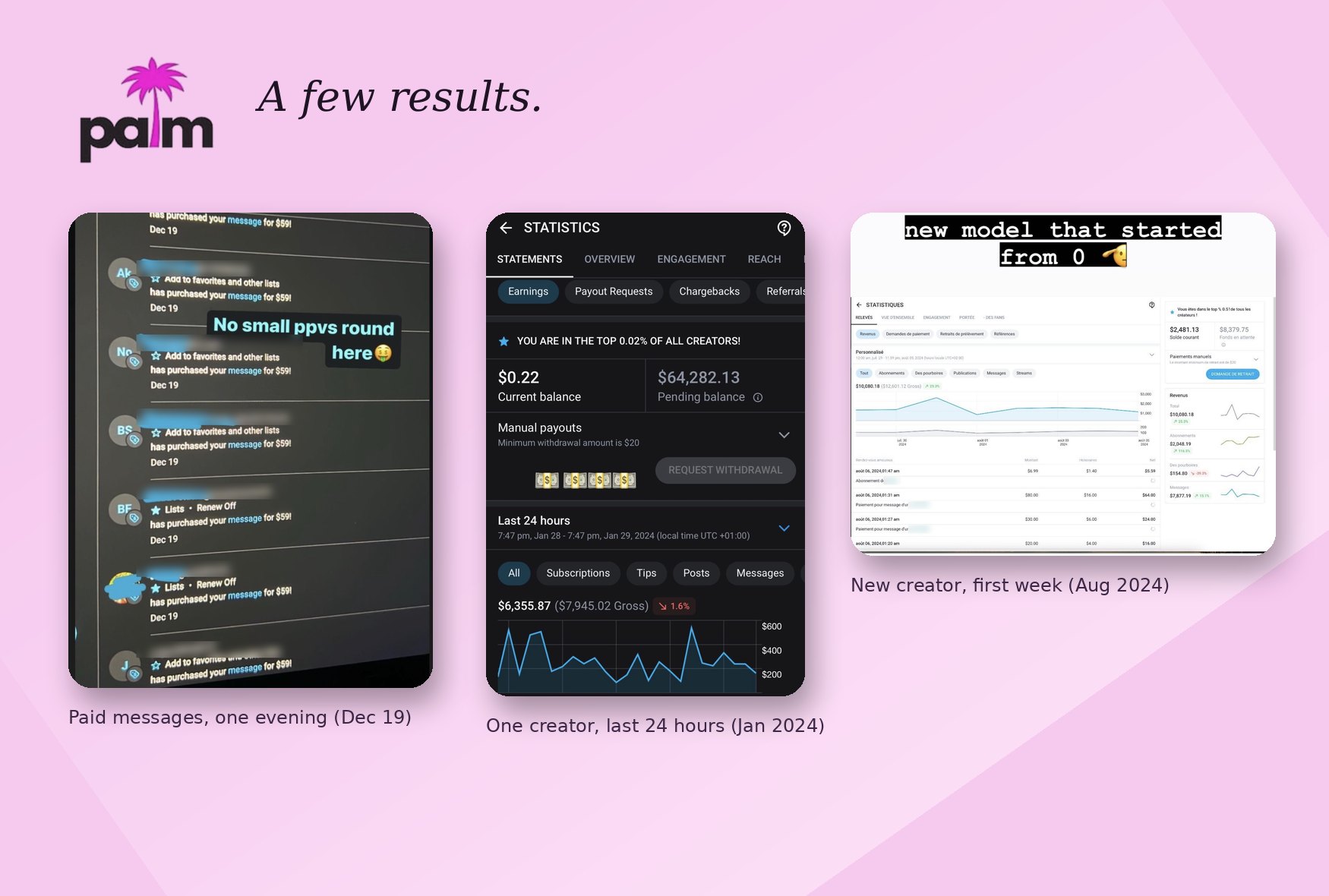 Earnings screenshots from creators managed by Palm Agency